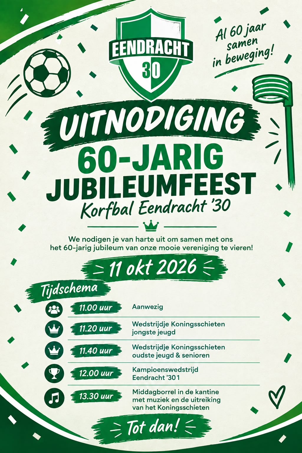 Korfbal Eendracht ’30 viert 60-jarig jubileum op 11 oktober